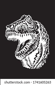 Graphical portrait of tyrannosaurus isolated on black background, vector engraved illustration, dinosaur