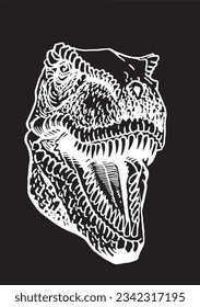 Graphical portrait of tyrannosaurus isolated on black, vector engraved illustration