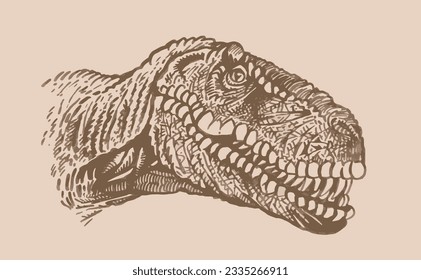 Graphical portrait of tyrannosaurus on sepia background, vector vintage illustration