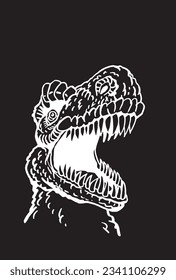 Graphical portrait of tyrannosaurus rex black, vector engraved illustration,head of dinosaur