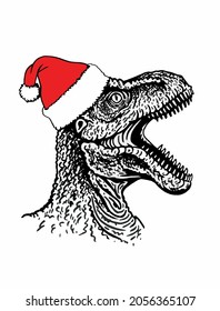 Graphical portrait of tyrannosaurus in Santa Claus hat, Crhistmas element, dinosaur isolated on white