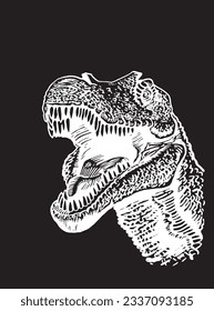 Graphical portrait of tyrannosaurus watching right on black, vector engraved illustration