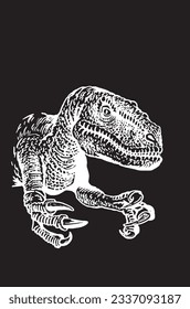 Graphical portrait of tyrannosaurus watching right on black, vector engraved illustration