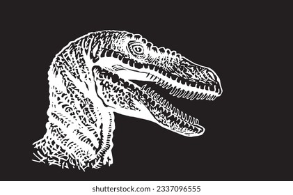 Graphical portrait of tyrannosaurus watching right on black, vector engraved illustration