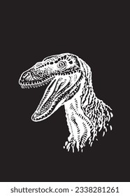 Graphical portrait of tyrannosaurus watching right on black, vector engraved illustration