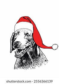 Graphical portrait of Weimaraner dog in red Santa Claus hat on whte background, vector illustration	