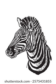 Retrato gráfico de cebra en blanco, ilustración	