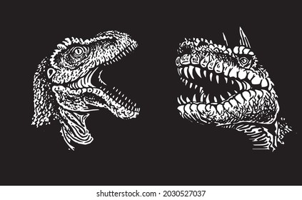 Graphical portraits of dinosaurs isolated on black background,vector illustration