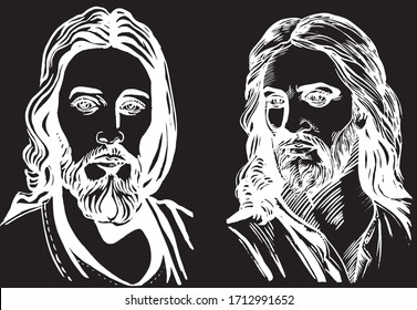 Graphical portraits of Jesus Christ isolated on black background,vector illustration