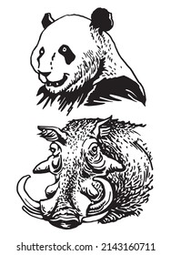 Graphical portraits of panda and wild african hog isolated on white, vector illustration