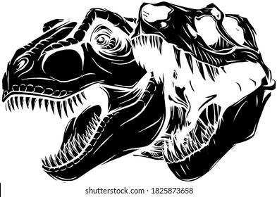 Graphical portraits of tyrannosaur and skull isolated on white background, vector black silhouette