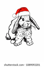 Graphical rabbit  in Santa Claus hat isolated on white background,vector new year illustration 