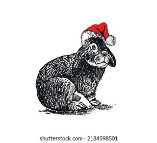 Graphical rabbit in Santa Claus hat isolated on white,symbol of 2023 year,Christmas design vector element