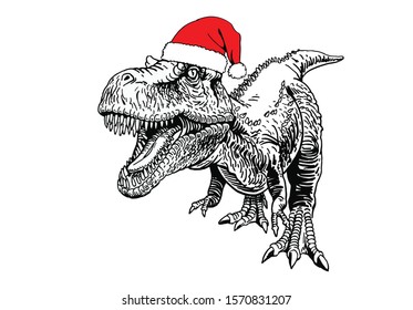 Graphical raptor in Santa Claus hat isolated on white background,vector illustration
