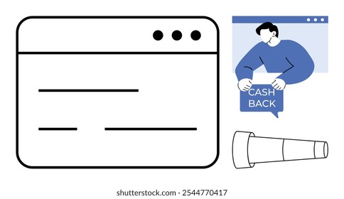 Representación gráfica de una ventana del navegador de una persona anunciando cashback y un telescopio sobre un fondo blanco. Ideal para comercio electrónico, incentivos en línea, marketing digital, promociones y Sitio web