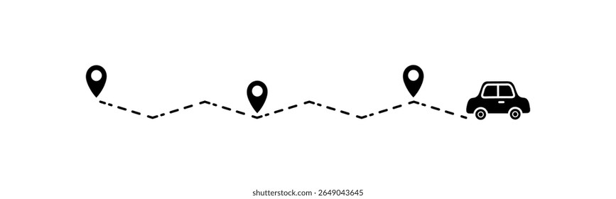 Graphical representation of a car traveling a wavy pathway with several location pins, indicating multi-stage navigation, delivery service tracking, and planned travel itinerary