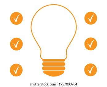 Representación gráfica de una lista de verificación. Bombilla simbólica y tres círculos con ganchos a ambos lados. Vector de color naranja.