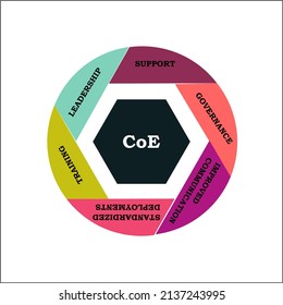 Graphical representation of CoE Concept. COE - Center of Excellence acronym. This is an entity or team whose primary goal is to provide companies with expertise in a specific field. 