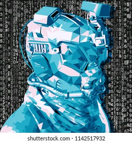 Graphical representation of the cyber security system in the form of a cyborg head in an low poly style against background with linearly arranged symbols. Cyberpunk concept.