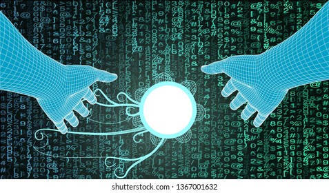 Graphical representation of the cyber space or virtual reality. Wireframe hands and strange glowing object against background of a linearly arranged symbols. Vector illustration. Cyberpunk concept.
