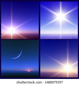 Graphical representation of the day: morning, afternoon, evening and night. Conceptual vector illustration. Set of beautiful natural landscapes. Vibrant wallpapers.