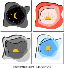 Graphical representation of the day: night, morning, afternoon and evening. Creative vector illustration in papercut style. 3D backdrop with colorful cut objects