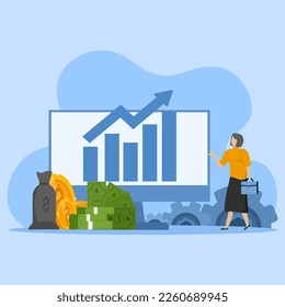 graphical representation of financial data and framed line chart, concept of business management, financial capitalization, business growth, business woman standing and showing growth diagram. vector.