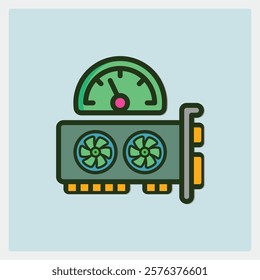 Graphical representation of a graphic processing unit with fans and a gauge illustration