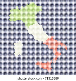 Graphical representation of the map of Italy, made with small LED spheres representing Italian flag colors