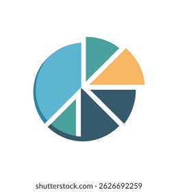 Graphical representation of a pie chart, each portion different color, flat style, simple design against a White Background.