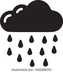 A graphical representation of  a rain cloud in silhouette form with raindrops falling beneath it.