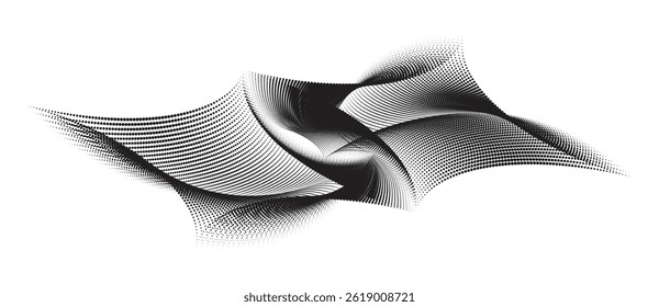 A graphical representation of the rhythm grams geometrical shapes, abstract black and white twisted waveform vector art.