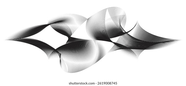 A graphical representation of the rhythm grams geometrical shapes, abstract black and white twisted waveform vector art.