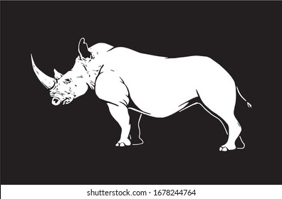Rinoceronte gráfico aislado en fondo negro, ilustración vectorial grabada