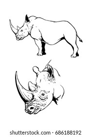 Graphical rhino for tattoo and coloring, hand-painted vector illustration