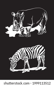 Graphical rhino and zebra,African animals isolated on black