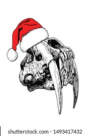Graphical  saber  toothed tiger skull in Santa Claus hat  vector new year illustration
