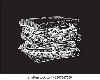 Graphical sandwich isolated on black background,vector engraved illustration