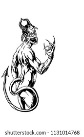 Graphical Satan standing isolated on white background,vector sketch for  tattoo,illustrations