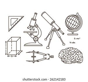 Graphical science and knowledge linear symbols, icons, school design elements. Isolated. 