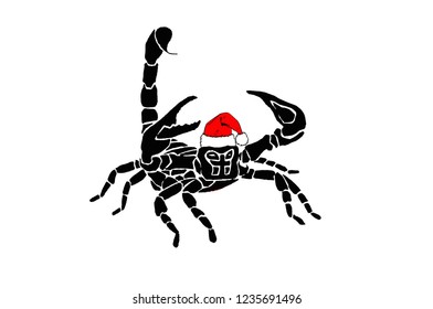 Graphical scorpion in Santa Claus hat isolated on white background, vector new year illustration