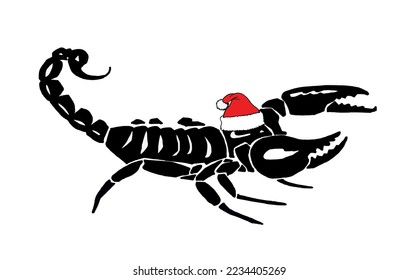 Graphical scorpion in santa claus red hat on white background, vector new year element,graphics