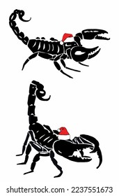 Graphical scorpion in santa claus red hat on white background, vector new year element,graphics