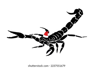 Graphical scorpion in santa claus red hat on white background, vector new year element,graphics