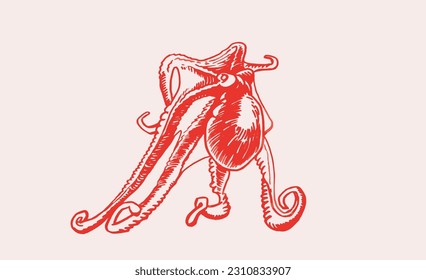 Graphical seafood illustration, vector color octopus. Underwater habitant, delicatessen