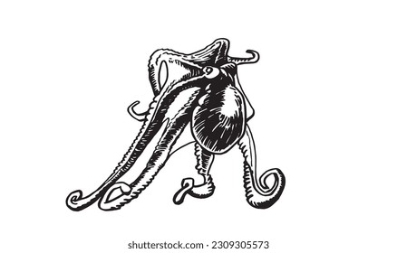 Ilustración gráfica de mariscos, pulpo vectorial aislado en blanco. Hábitats subacuáticos, delicatessen