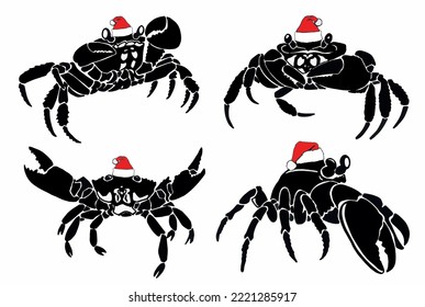 Graphical seafood set of crab in red Santa Claus hat isolated on white background,vector illustration