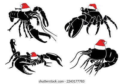 Graphical seafood set,shrimp, scorpion and crabs in red Santa Claus hat isolated on white background,vector illustration