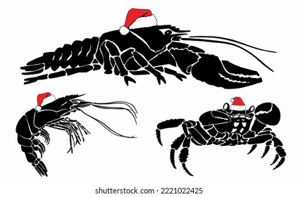 Graphical seafood set,shrimps and crab in red Santa Claus hat isolated on white background,vector illustration