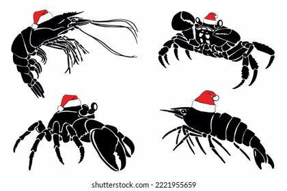 Graphical seafood set,shrimps and crab in red Santa Claus hat isolated on white background,vector illustration